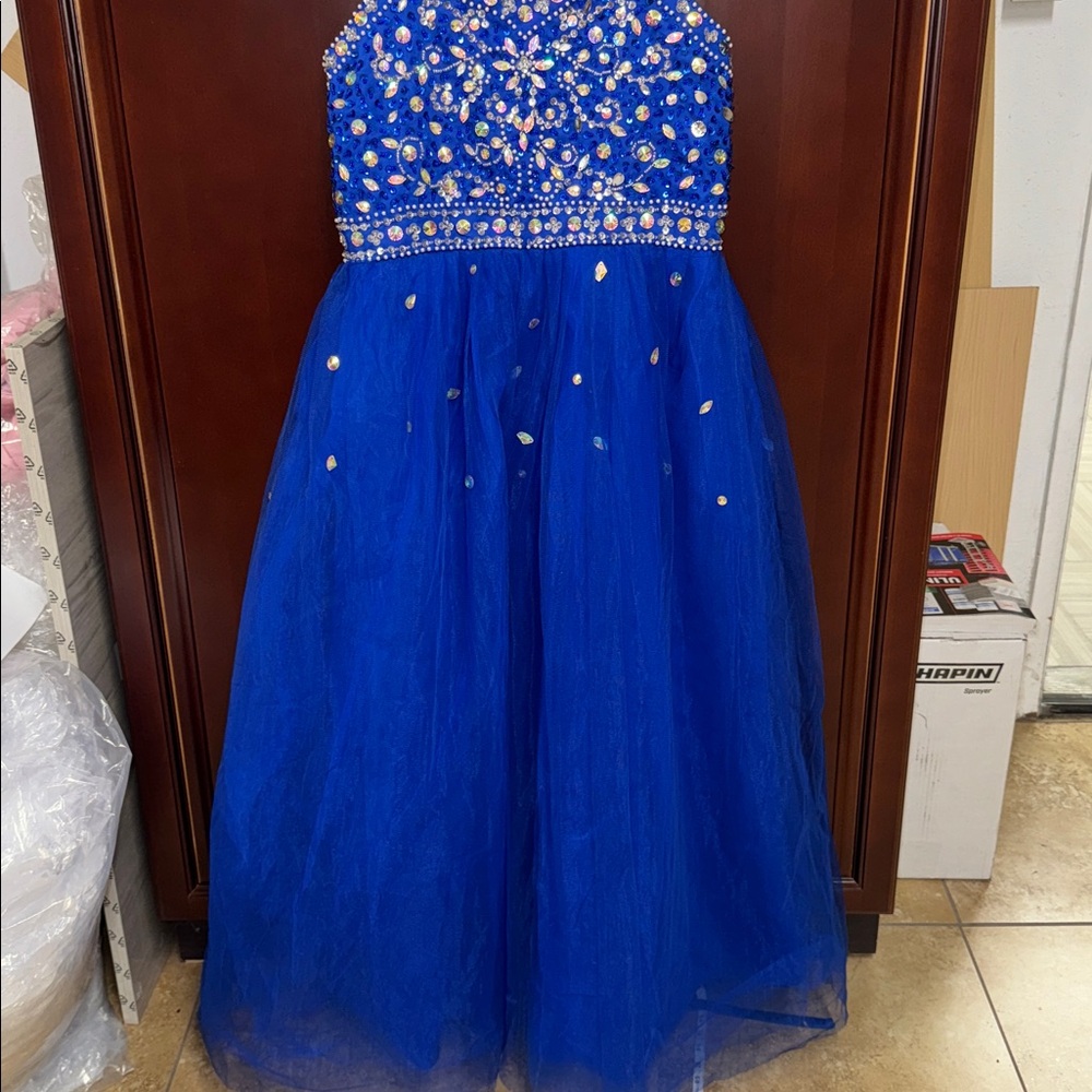 Elegant sleeveless rhinestone tulle Blue Kids Dress party dance wedding dress - Picture 8 of 9